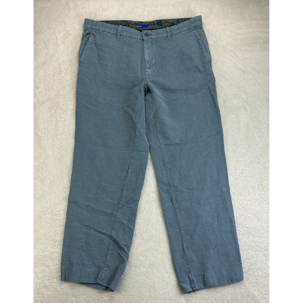 Tommy Bahama Linen Blend Pants Mens 36x30 Blue Flat Front Slash Pockets